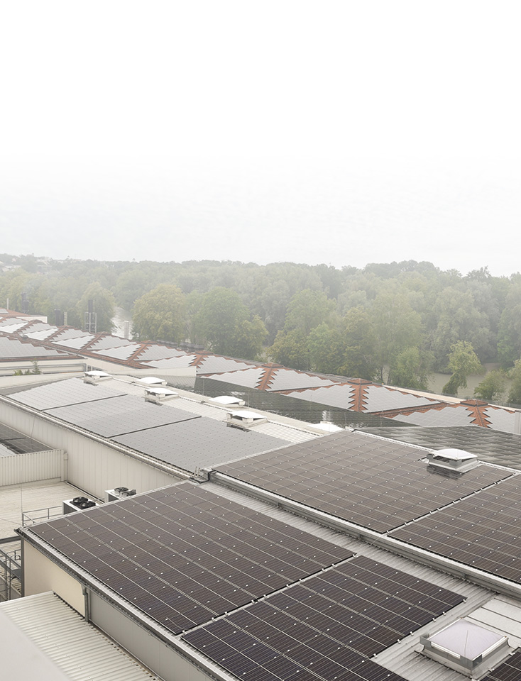 Solar panels on the roof of a building with trees in the background.